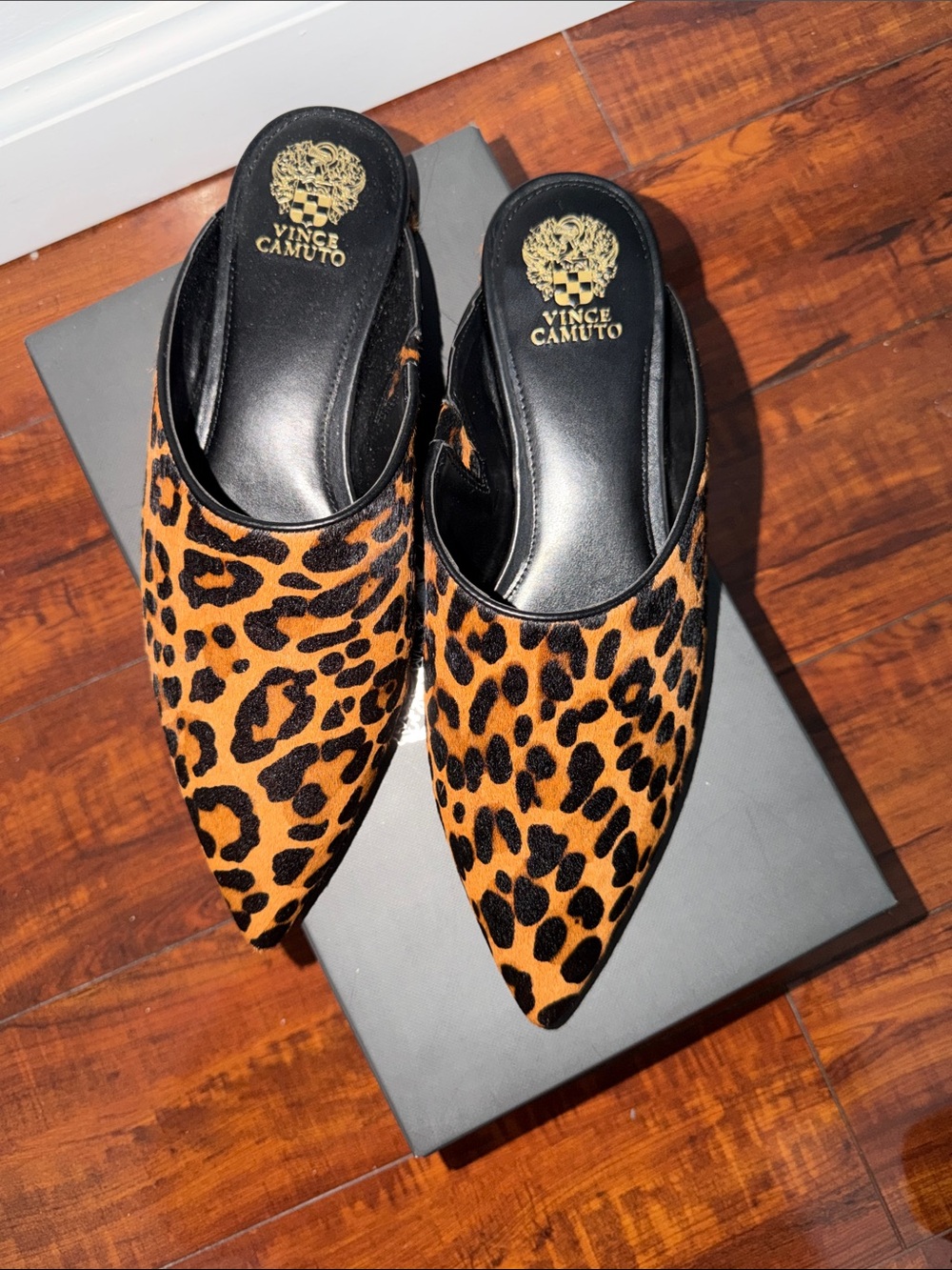 Vince Camuto Leopard Print Pointed Slip-On Mules - Tan & Black